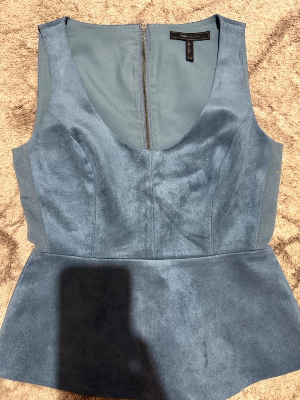 BCBGMaxAzria Dusty Blue Suede-Look Peplum Top